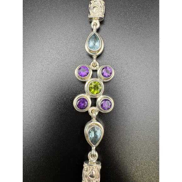 .925 Amethyst, Peridot and Blue Topaz Silver Bracelet - Picture 2 of 2
